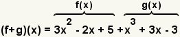 (f+g) (x)= (3x^2-2x+5)+ (x^3+3x-3) donde 3x^2-2x+5=f (x) y x^3+3x-3=g (x)