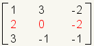 3x3 Matrix = row 1: 1, 3, -2; row 2: 2, 0, -2; row 3: 3, -1, -1. Row 2 is highlighted.