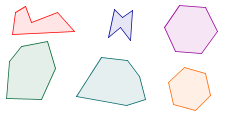 An image showing various hexagons. All of the hexagons have six straight sides. Some are concave, and some are convex. Two of the hexagons are convex, equilateral hexagons, which ar regular hexagons.