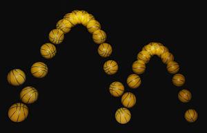 A bouncing basketball captured with a stroboscopic flash at 25 images per second. The trajectory of the basketball approximates a parabola