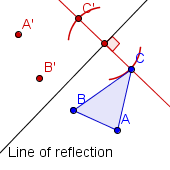 A line of reflection and a triangle ABC. Point C' is the reflection of C across the line of reflection.