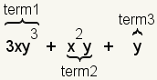 la expresión “3xy^3+x^2y+y? donde está el primer término “3xy^3?, “x^2y? es el segundo término y “y? es el tercer término.
