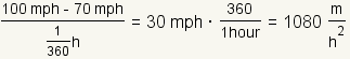 (100mph - 70mph) / (1 / 360 ) hours = 30 mph * 360 1/hours = 1080 m/h^2.