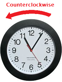 Clock with arrow pointing counterclockwise.