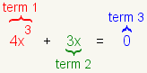 \\fgcolor{ff0000}{\\overbrace{4x^{3}}^{\\mbox{term 1}}}\\;+\\;\\fgcolor{008000}{\\underbrace{3x}_{\\mbox{term 2}}}\\;=\\;\\fgcolor{0000ff}{\\overbrace{0}^{\\mbox{term 3}}}