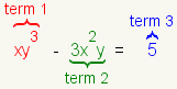 \\fgcolor{ff0000}{\\overbrace{xy^{3}}^{\\mbox{term 1}}}\\;-\\;\\fgcolor{008000}{\\underbrace{3x^{2}y}_{\\mbox{term 2}}}\\;=\\;\\fgcolor{0000ff}{\\overbrace{5}^{\\mbox{term 3}}}