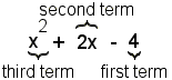 The polynomial x^2+2x-4. The first term is x^2. The second term is 2x. The third term is -4.
