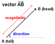 A vector AB with a tail A and a head B is drawn as an arrow from point A to point B.