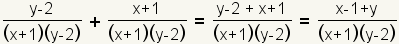 (y-2)/((x+1) (y-2))+ (x+1)/((x+1) (y-2))= (y-2+x+1)/(x+1) (y-2))= (x-1+y)/(x+1) (y-2))