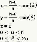 x= ((HU) /h)*r*cos (theta), y= ((HU) /h)*r*sin (theta), z=y, 0<=u<=h, 0<=theta<=2*pi