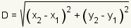 D=square root((x2-x1)^2+(y2-y1)^2)