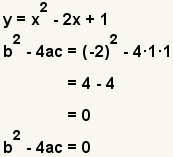 y=x^2-2x+1, b^2-4ac= (- 2) ^1-4*1*1=4-4=0, b^2-4ac=0