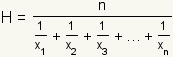 H= n/(1/x1 + 1/x2 + 1/x3 + ... + 1/xn)