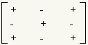 matriz 3x3: fila 1: +, -, +; fila 2: -, +, -; fila 3: +, -, +;