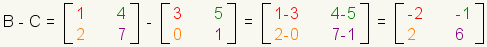 Substracción de la matriz C de B para conseguir la matriz 2x2 que contiene -2, -1, 1, 7.