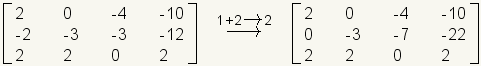 1:2,0 de la fila de la matriz, - 4, - 10; reme el 2:-2, - 3, - 3, - 12; reme el 3:2,2,0,2; la flecha que indica la fila 1 más 2 entra la fila 2; 1:2,0 de la fila de la matriz, - 4, - 10; reme el 2:0, - 3, - 7, - 22; reme el 3:2,2,0,2