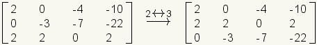 1:2,0 de la fila de la matriz, - 4, - 10; reme el 2:-2, - 3, - 3, - 12; reme el 3:2,2,0,2; la flecha que indica la fila 1 más 2 entra la fila 2; 1:2,0 de la fila de la matriz, - 4, - 10; reme el 2:0, - 3, - 7, - 22; reme el 3:2,2,0,2