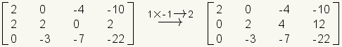 matrix row 1: 2,0,-4,-10; row 2: 0,-3,-7,-22; row 3: 2,2,0,2 arrow indicating row 1 times -1 is added to row 2, which goes into row 2; matrix row 1: 2,0,-4,-10; row 2: 0,-3,-7,-22; row 3: 2,2,0,2