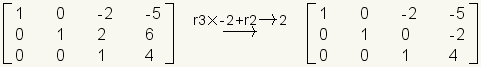 Matrix row 1: 1,0,-2,-5; row 2: 0,1,2,6; row 3: 0,0,1,4 transformed row 3 times -1 gives Matrix row 1: 1,0,-2,-5; row 2: 0,1,0,-2; row 3: 0,0,1,4