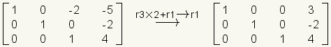 Matrix row 1: 1,0,-2,-5; row 2: 0,1,0,-2; row 3: 0,0,1,4 transformed row 3 times -1 gives Matrix row 1: 1,0,0,3; row 2: 0,1,0,-2; row 3: 0,0,1,4