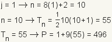 j=1 implica n=8 (1)+2=10; n=10 implica Tn= (el 1/2) *10* (10+1)=55; Tn=55 implica P=1+9 (55) =496