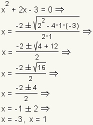 x^2+2x-3=0 implica el x= (- la raíz 2+-square (2^2-4*1* (- 3)))/(2*1) implica el x= (- raíz 2+-square (4+12))/2 implica el x= (- raíz 2+-square (16))/2 implica el x= (- 2+-4) /2 implica x=-1+-2 implica x=-3 o x=1.