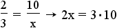 2/3 = 10/x implies 2x = 3*10