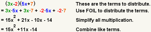 (3x-2)(5x+7)=3x*5x+3x*7+(-2)*5x+(-2)*7=15x^2+21x-10x-14=15x^2+11x-14