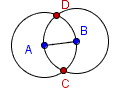 Line segment AB with intersections of two circles marked C and D.