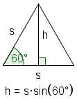 Triángulo equilátero que demuestra el cálculo de la altura como h=s*sin (60).