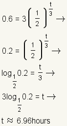 0.6=3*(1/2)^(t/3) implica el 0.2=3*(1/2)^(t/3) implica log 0.2 de base 1/2 = t/3 implica 3*log 0.2 base el 1/2 = t implica t es cerca de 6.96 horas.