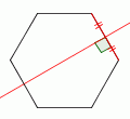 A regular hexagon with the perpendicular bisector of one of the sides drawn in.