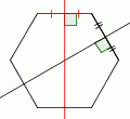 A regular hexagon with the perpendicular bisector of two of the non-opposite sides drawn in.