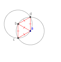 Circles a and b and intersections c and d with line segments ab, ac, ad, bc and bd drawn in.