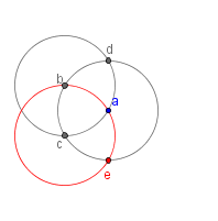 Circles a and b with a circle drawn with center point at c and the same radius as a and b. The intersection of the circle centered at c and circle a is labeled e.