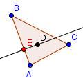 Triangle ABC with point E at intersection of perpendicular line and side AB.