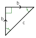 An isosceles right triangle. The hypotenuse is labeled 'a' and the legs are labeled 'b'