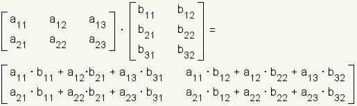 matrix [a11, a12, a13, a21, a22, a23]*[b11, b12, b21, b22, b31, b33]=[a11*b11+a12*b21+a13*b31,a11*b12+a12*b22+a13*b32,a21*b11+a22*b21+a23*b31,a21*b12+a22*b22+a23*b32]