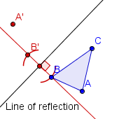 A line of reflection and a triangle ABC. Point B' is the reflection of B across the line of reflection.