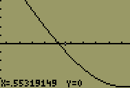 TI-83/84 calculator with equation x^3-0.5x^2-2x+1 graphed and the zoom option activated. The zoom coordinates are x=.55319149 and y=0. The graph has zoomed in on the cross hairs.
